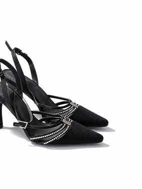 Valerie Stevens Black Strappy Heel with Rhinestone Accents Size 6